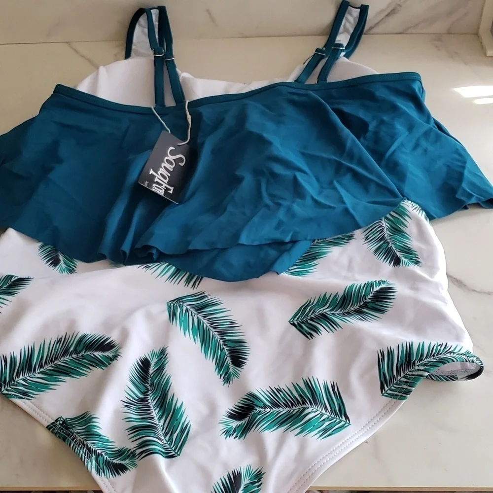 SouqFone Ruffled Flounce Top High Waisted Bikini Set in Blue Green Leaf Size L